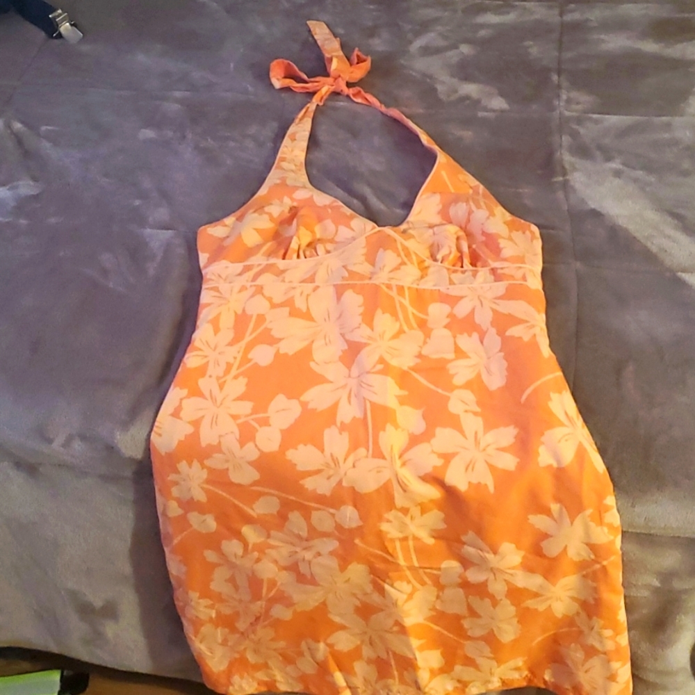 Halter dress, beautiful tangerine color and hibiscus print